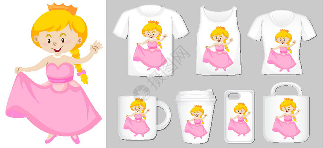 背粉色包的女孩不同产品模板上的公主图形设计图片