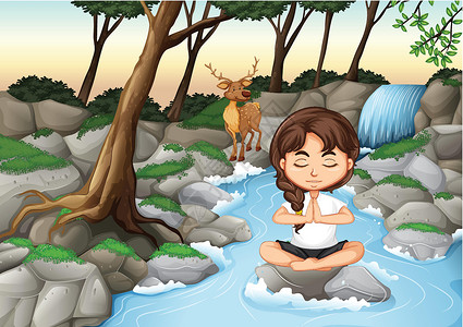 河边瑜伽一个女孩在大自然中冥想插画
