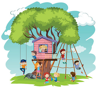 树屋秋千孩子们在树屋玩耍绿色房子天空艺术数字童年操场植物绳索建筑学插画