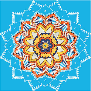 蓝色背景上的曼陀罗图案文化涂鸦瑜伽动机花瓣指甲花卡片宗教传统墙纸背景图片