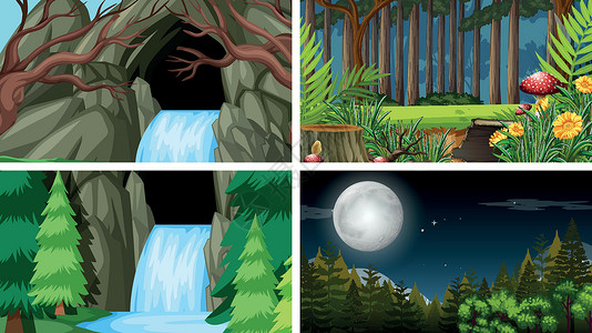 自然环境中的一组场景团体风景绘画插图植物天空池塘卡通片环境艺术背景图片