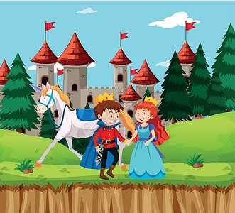 王子和公主公主和王子在城堡插画
