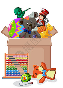 白色背景上装满玩具的纸板箱数字材料爬虫乐趣悠悠球童年生物球形技术青年背景图片