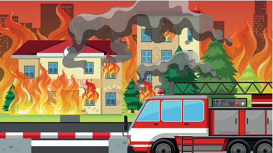 村庄火灾事故壁炉建筑火焰房子保险财产安全情况城市插画
