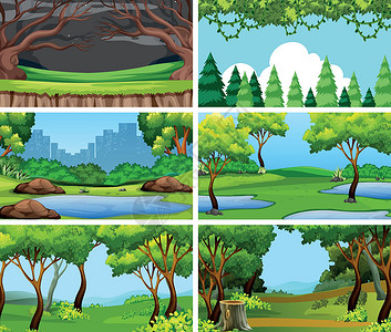 自然环境中的一组场景风景绘画天空插图团体植物池塘环境艺术卡通片背景图片