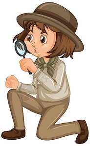 护林员在孤立的背景上穿着 safari 制服的女孩插图童年女性绘画放大镜卡通片戏服探险家瞳孔旅行插画