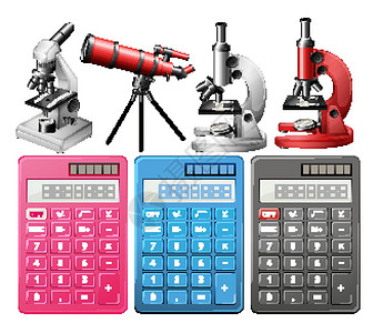 白色背景上的计算器和显微镜背景图片