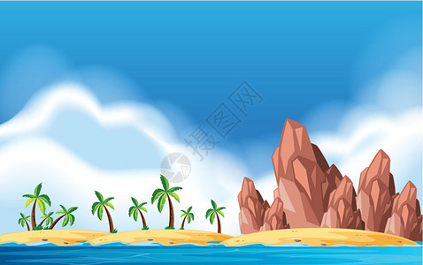 热带山荒岛景观插画