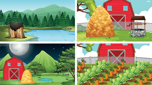 胡萝卜小屋自然环境中的一组场景谷仓小屋农场风景卡通片团体树叶环境建筑植物插画