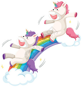 彩虹滑梯上的快乐独角兽微笑绘画魔法插图夹子故事卡通片动物荒野喇叭背景图片