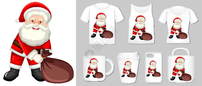 准备圣诞节商品不同产品模板上的圣诞老人图形剪裁绘画卡通片空白白色艺术插图商品手机咖啡杯设计图片