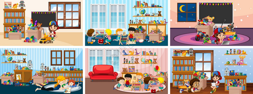 客厅的孩子六个孩子在房间里玩耍的场景插画