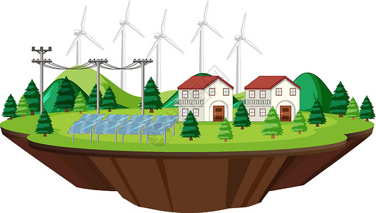 全球暖化带太阳能电池和风力涡轮机的场景房屋插画
