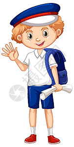 蓝色旅行包背包一个带蓝色背包的快乐男孩设计图片