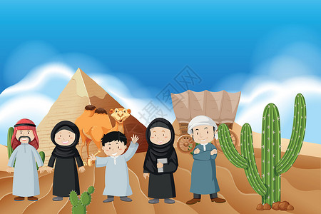 沙漠中的阿拉伯人骆驼插图动物旅行夹子大篷车绘画金字塔艺术背景图片