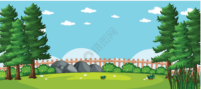 松苑原始森林公园多松自然公园场景中的空白景观面具插图绿色环境岩石花园蓝色天空击剑团体插画
