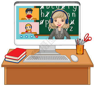 国籍白色背景电脑屏幕上的学生视频聊天在线屏幕互联网键盘问候语友谊卡通片孩子们技术网站会议伴侣设计图片