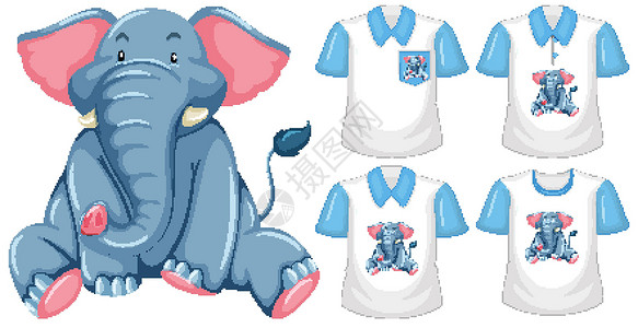 大象坐着大象坐在卡通人物中 白色背景上有多种衬衫孩子们生物卡通片蓝色哺乳动物短袖标识衣服商品动物群插画