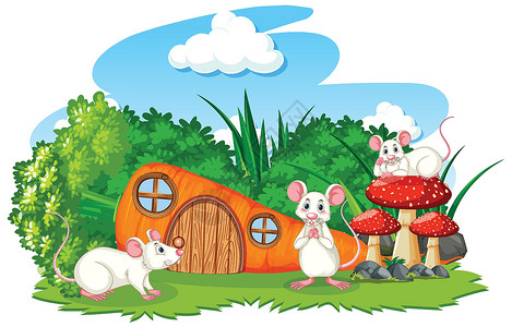白色背景上三只老鼠卡通风格的胡萝卜屋花瓣民间卡通片童年派对花园孩子们想像力小精灵植物插画