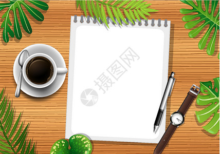 木桌元素带空白纸和办公用品的木桌的顶部视图和叶子元素咖啡木板环境植物家具商业框架创造力笔记办公室插画