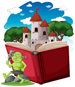 妖精或巨魔和城堡塔在弹出书卡通风格的白色背景背景图片