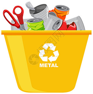 金属新材料白色背景上带有回收符号的黄色回收站插画