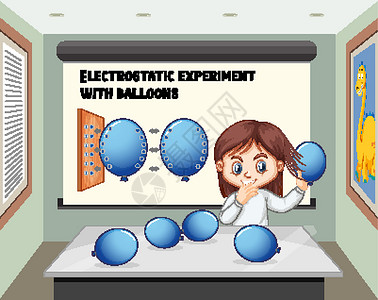 做图表女孩一个女孩在房间里用气球做静电实验插画