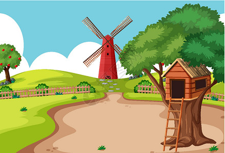 生态屋农场场景中的树屋与风车插画