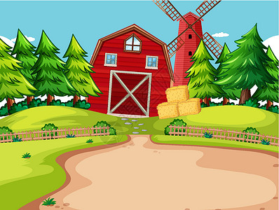 红色 风车远处有红色谷仓和风车的背景场景环境插图栅栏击剑孩子孩子们风景天气卡通片建筑插画