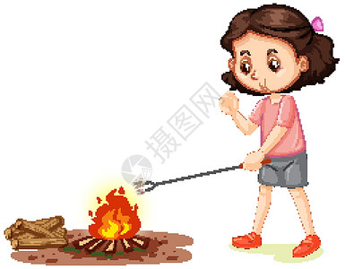 燃烧剪贴画女孩在白色背景的篝火上烤棉花糖插画