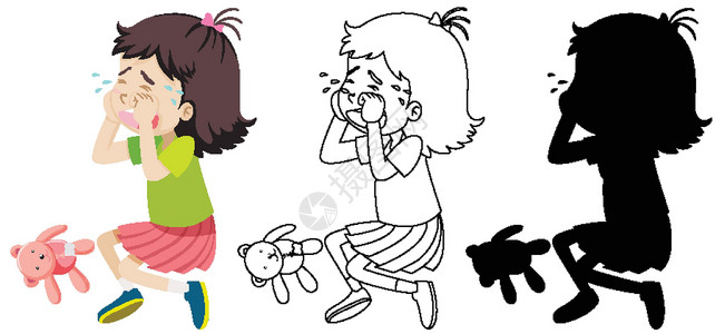 女孩与玩具熊哭泣的女孩与它的轮廓和 silhouett设计图片