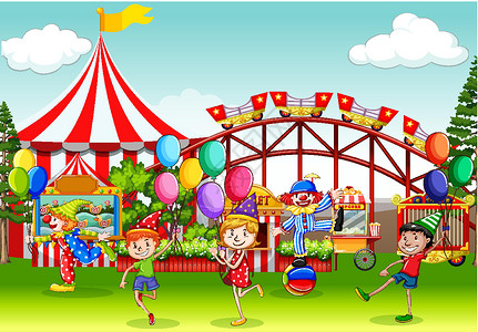 玩过山车的孩子许多孩子在马戏团玩得开心的场景插画