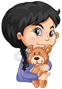 抱着熊娃娃白色背景上抱着泰迪熊的可爱女孩插图情感童年野生动物玩具熊女士娃娃瞳孔动物群孩子插画