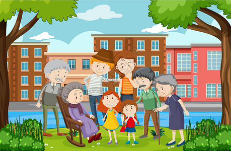 小红帽与妈妈与家庭成员一起公园户外场景男性风景卡通片插图活动奶奶孩子城市父亲表哥设计图片