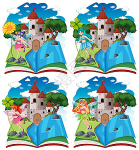 一组不同的童话故事和城堡塔在白色背景上孤立的弹出书卡通风格背景图片