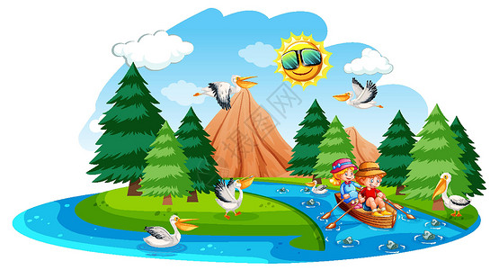 河里游泳的孩子孩子们在白色背景的溪流森林场景中划船青年活动男生孩子飞行童年少年生物女性岩石设计图片