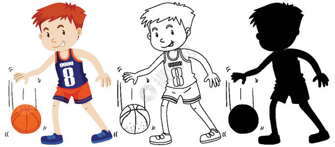 转篮球男生打篮球的男孩在颜色和轮廓和剪影设计图片