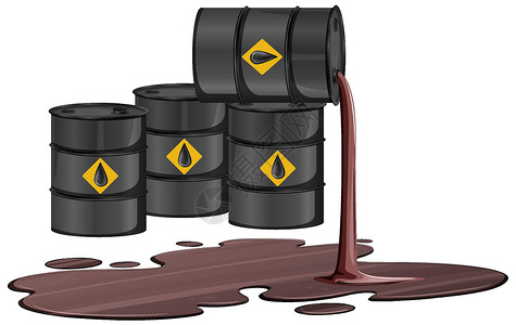 石油原油黑色油桶与原油标志溢油在地板上隔离在白色背景插画