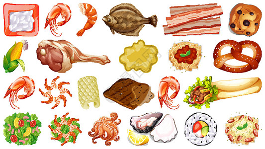 椒盐琵琶虾一套新鲜食品配料海鲜艺术蔬菜动物夹子收藏生物沙拉绘画插图插画