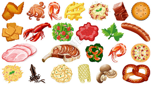 椒盐琵琶虾一套新鲜食品配料团体蔬菜海鲜夹子艺术绘画香肠卡通片插图收藏插画