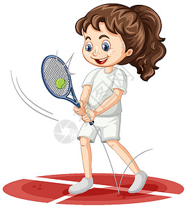 网球教练可爱的女孩打网球卡通人物孤立插画
