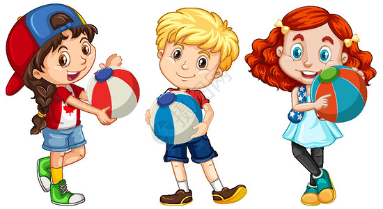 三个男孩不同的三个孩子拿着五颜六色的球活动幼儿园行动球形女性童年女孩数字时代圆圈设计图片