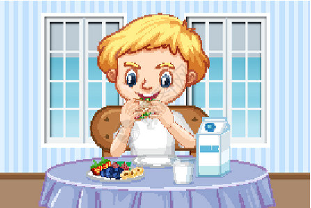 饭厅水果墙画男孩在家吃健康早餐的场景插画