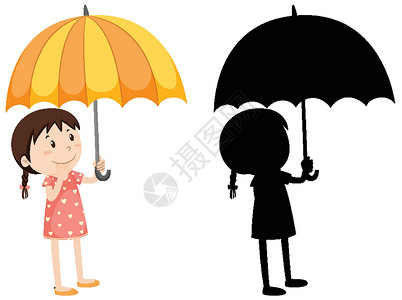 在颜色和 silhouett 拿着雨伞的女孩设计图片