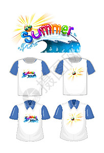 夏季字体标志设计的衬衫与一套不同的衬衫隔离在白色背景小样天气商品插图收藏展示卡通片短袖字母措辞背景图片