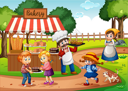 吃蛋糕的孩子公园场景中有面包师的面包店前面食物微笑孩子风景蛋糕情感店面卡通片金融咖啡店插画