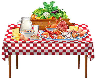 蛋白质组学桌上有方格图案桌布的新鲜食物或食物组插画