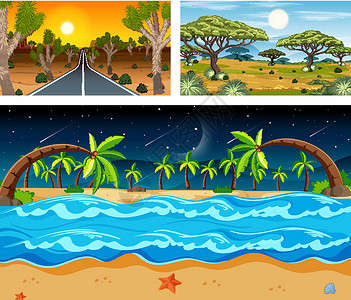海昌海洋公园三不同自然风景场面横幅国家日落环境支撑森林沙漠插图海洋公园插画