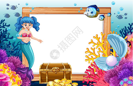 海底背景下空白横幅卡通风格的美人鱼和海洋动物主题卡通片神话海蜇生物爬虫植物环境孩子童话珍珠背景图片