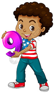 美国 幼儿园拿着数学数字 nin 的美国男孩快乐男性卡通片插图时代数数学校青年喜悦娱乐插画